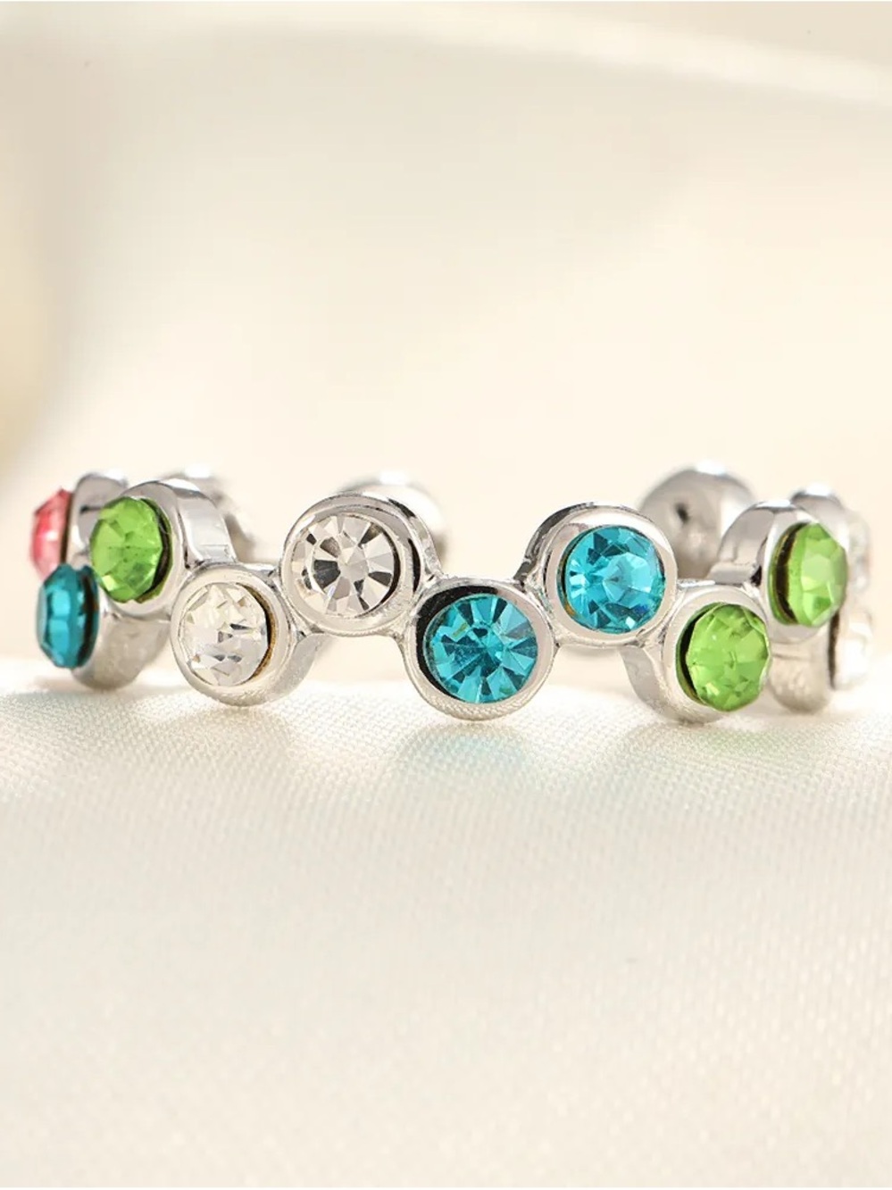 Silver Multi-Stone Band Ring with Blue, Green & Clear Crystals
